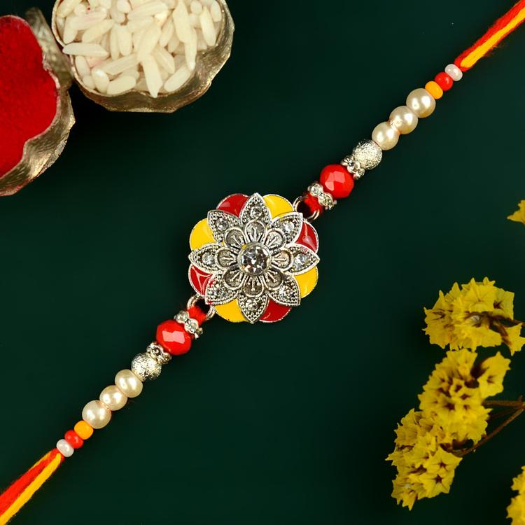 Yellow Red Antique Floral Rakhi