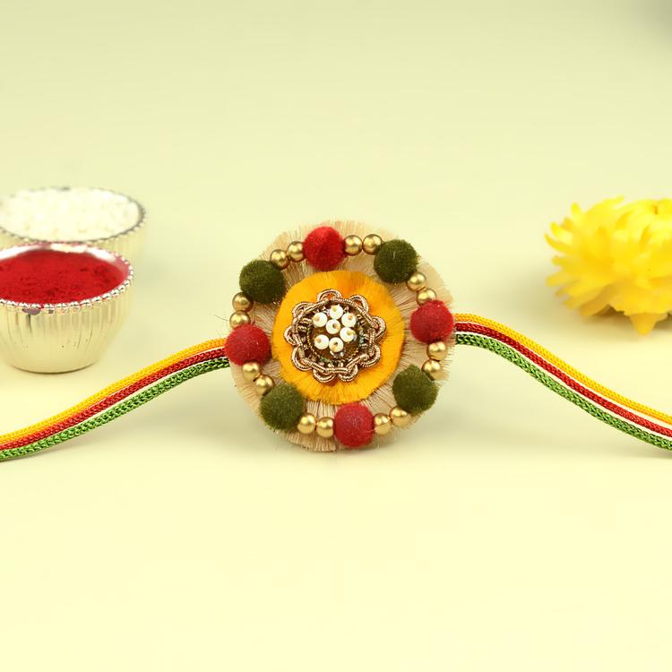 Red Green Yellow Pom Pom Rakhi