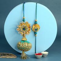 Peacock Teal Rakhi with Lumba