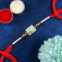 Golden Peacock in Blue Square Rakhi