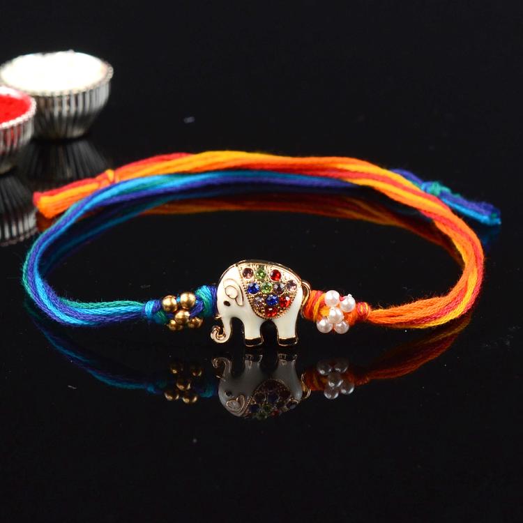 Colorful Jhul on White Elephant Rakhi