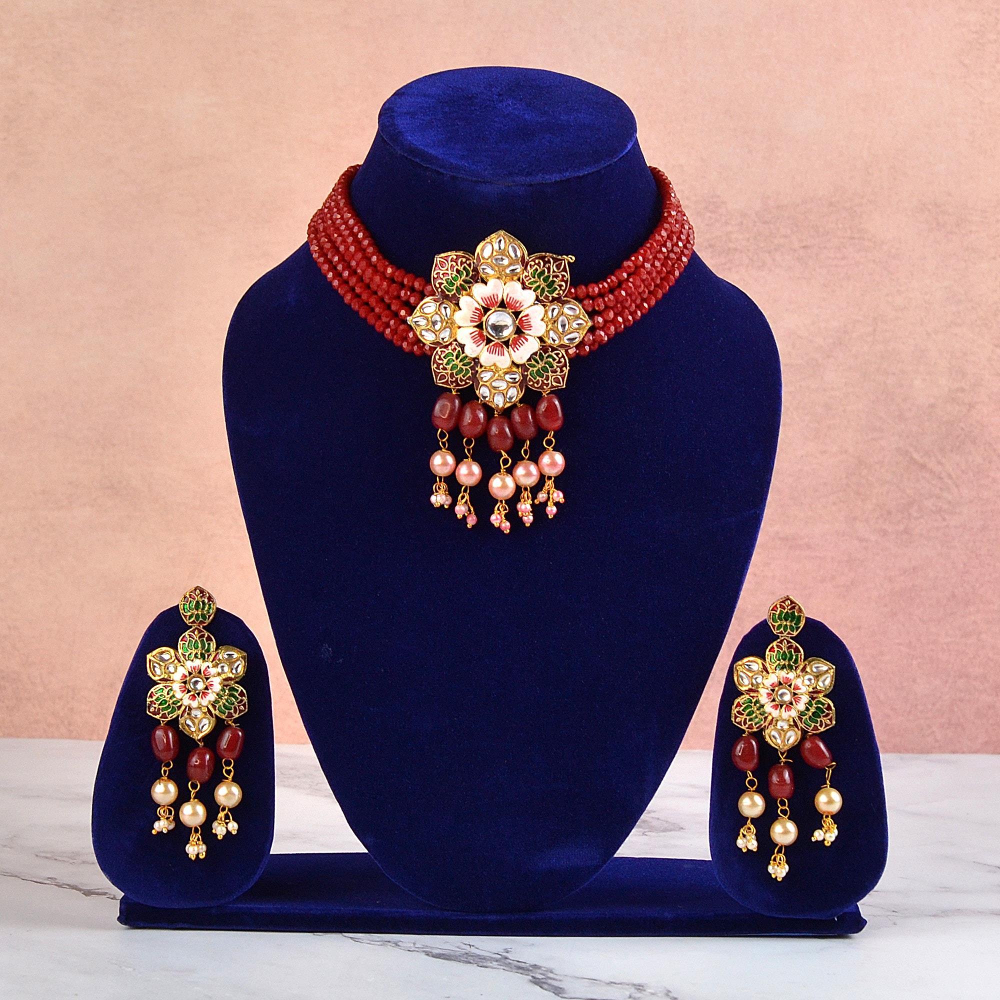 Maroon Beaded Floral Necklace Set