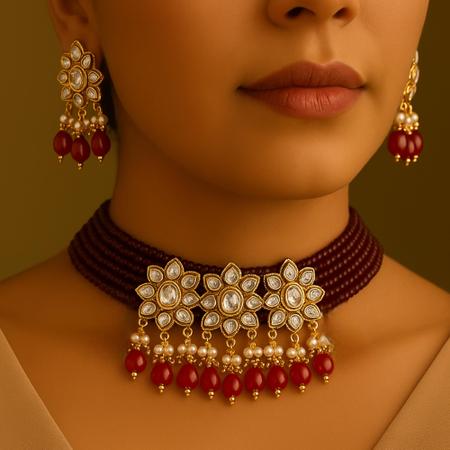 Maroon Kundan Choker Necklace Set