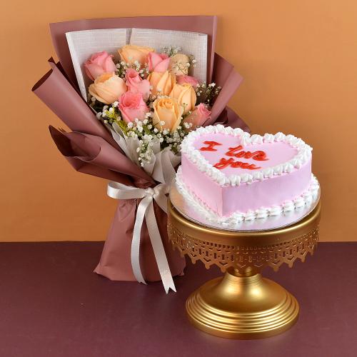 Rose Bouquet with I Love You Cake