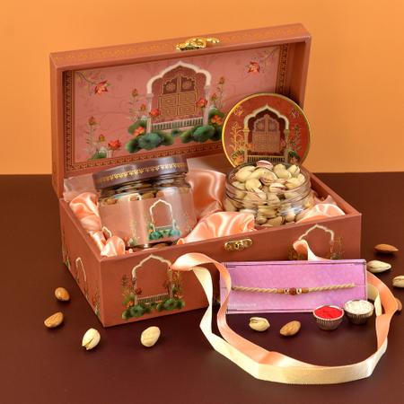 Rakhi Peach Designer Nuts Box