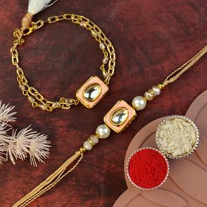 Peach Kundan Rakhi n Bracelet