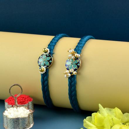 Blue Floral Shield Rakhi Pair