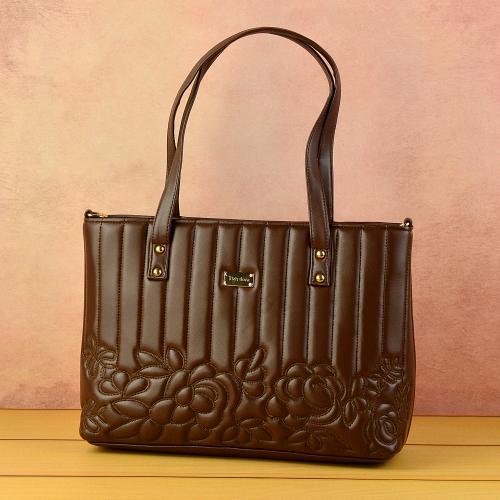Brown Floral Embossed Shoulder Bag