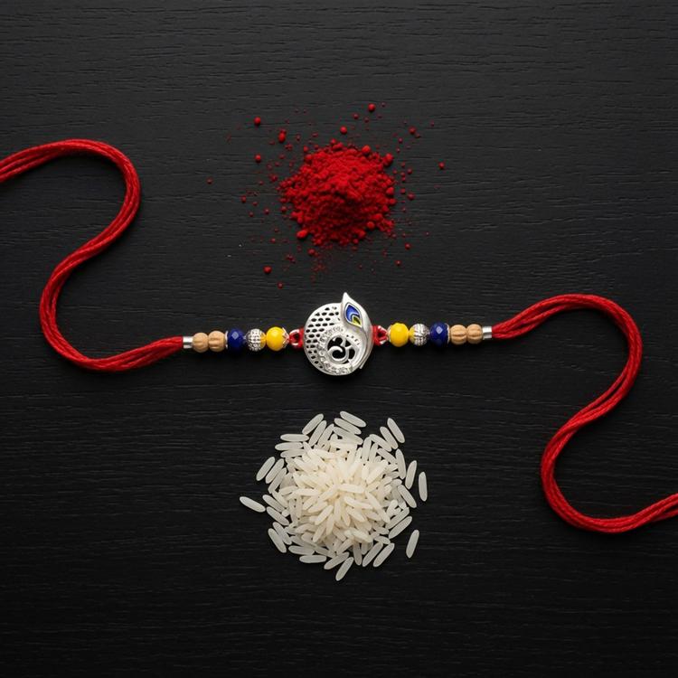 Om Peacock Feather Disc Rakhi