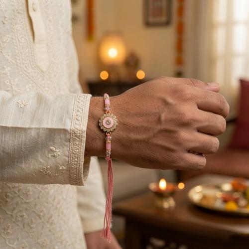 Peach Halo Stone Rakhi