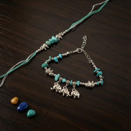 Turquoise Elephant Charm Rakhi Pair