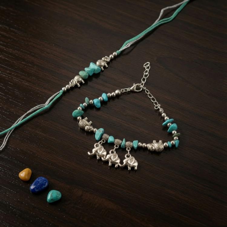 Turquoise Elephant Charm Rakhi Pair