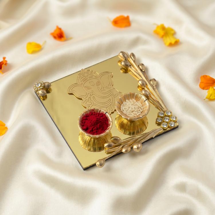 Golden Square Roli Chawal Tray