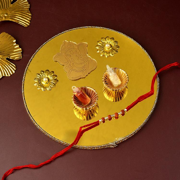 Rakhi Round Golden Acrylic Thali Set